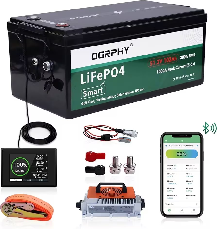 OGRPHY 48V102Ah Golf Cart Battery Conversion Kit with Components: Lithium Battery, 48V 18A Charger, LCD Touch Screen,12V DC interface and Installation Hardware (Straps & Screws).