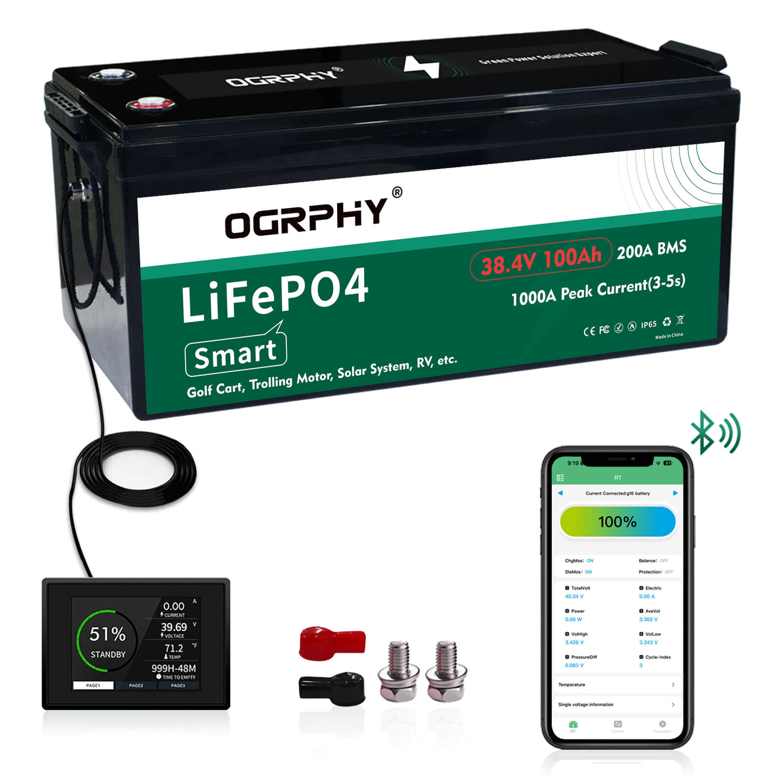 OGRPHY 36V100AH Lithium Golf Cart Battery with 200A BMS and Mobile APP Monitor