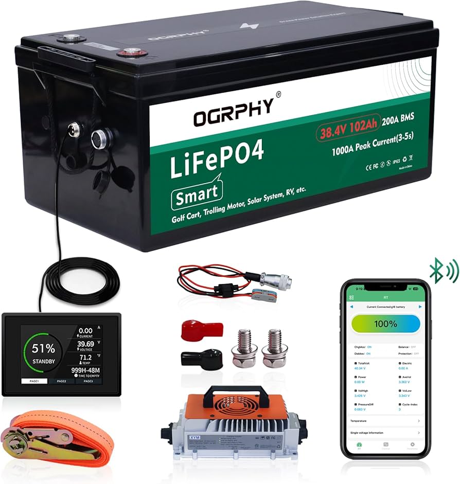 OGRPHY 36V102Ah Lithium Golf Cart Battery Conversion Kit with Accessories: Includes 36V102Ah Battery, 25A Charger, LCD Touch Screen, 12V DC interface, and Installation Hardware.