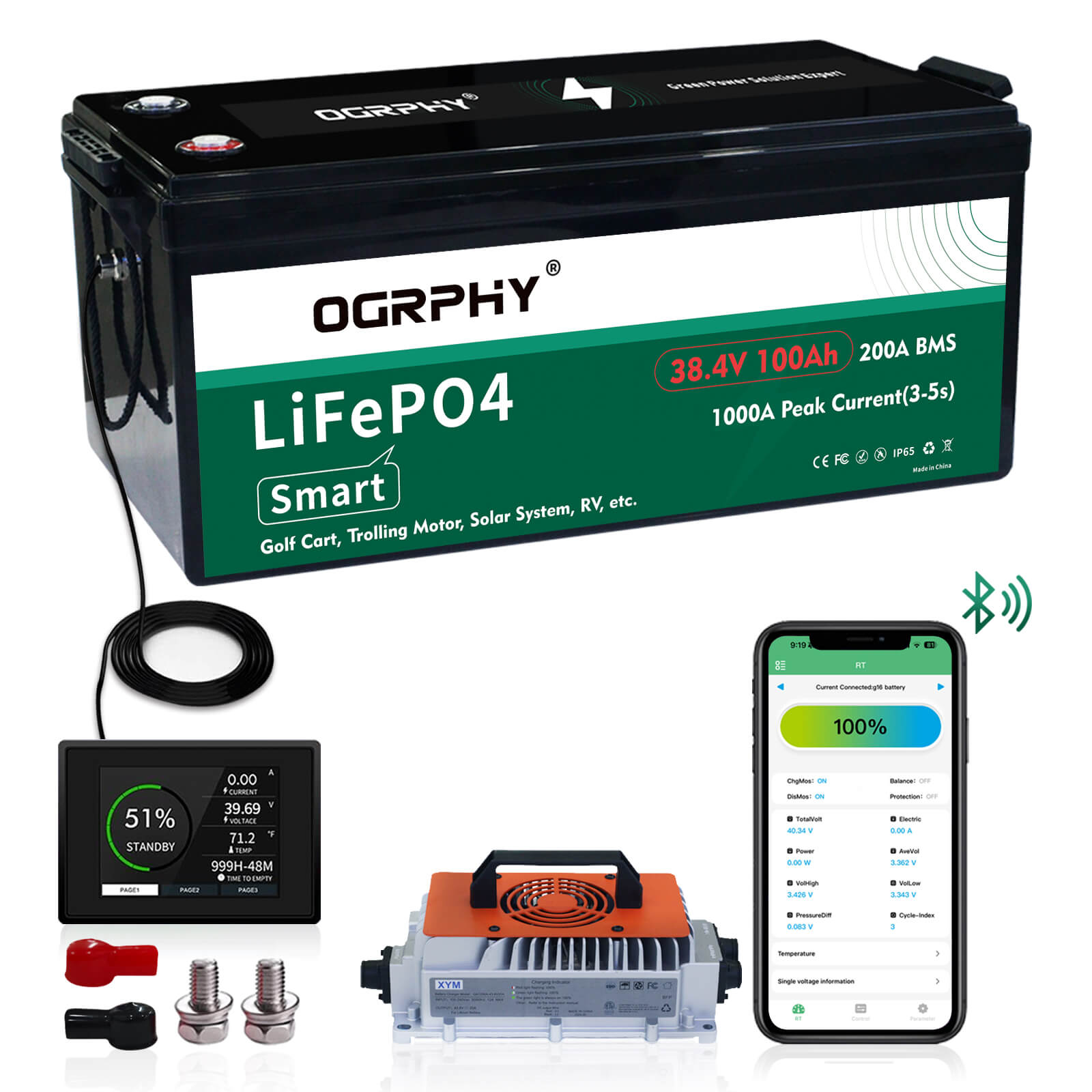 OGRPHY 36V100AH Lithium Golf Cart Battery with 200A BMS and Mobile APP Monitor