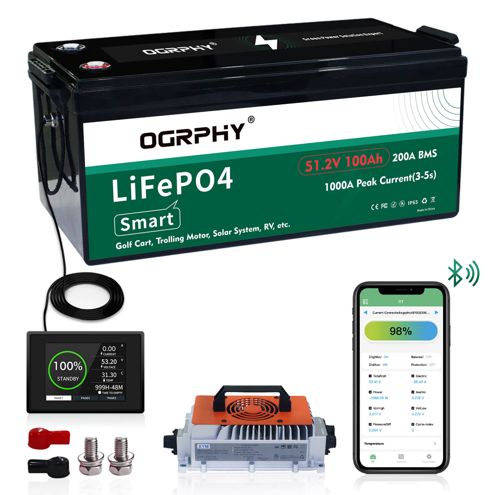 OGRPHY 48V100AH Lithium Golf Cart Battery with 200A BMS and Mobile APP Monitor