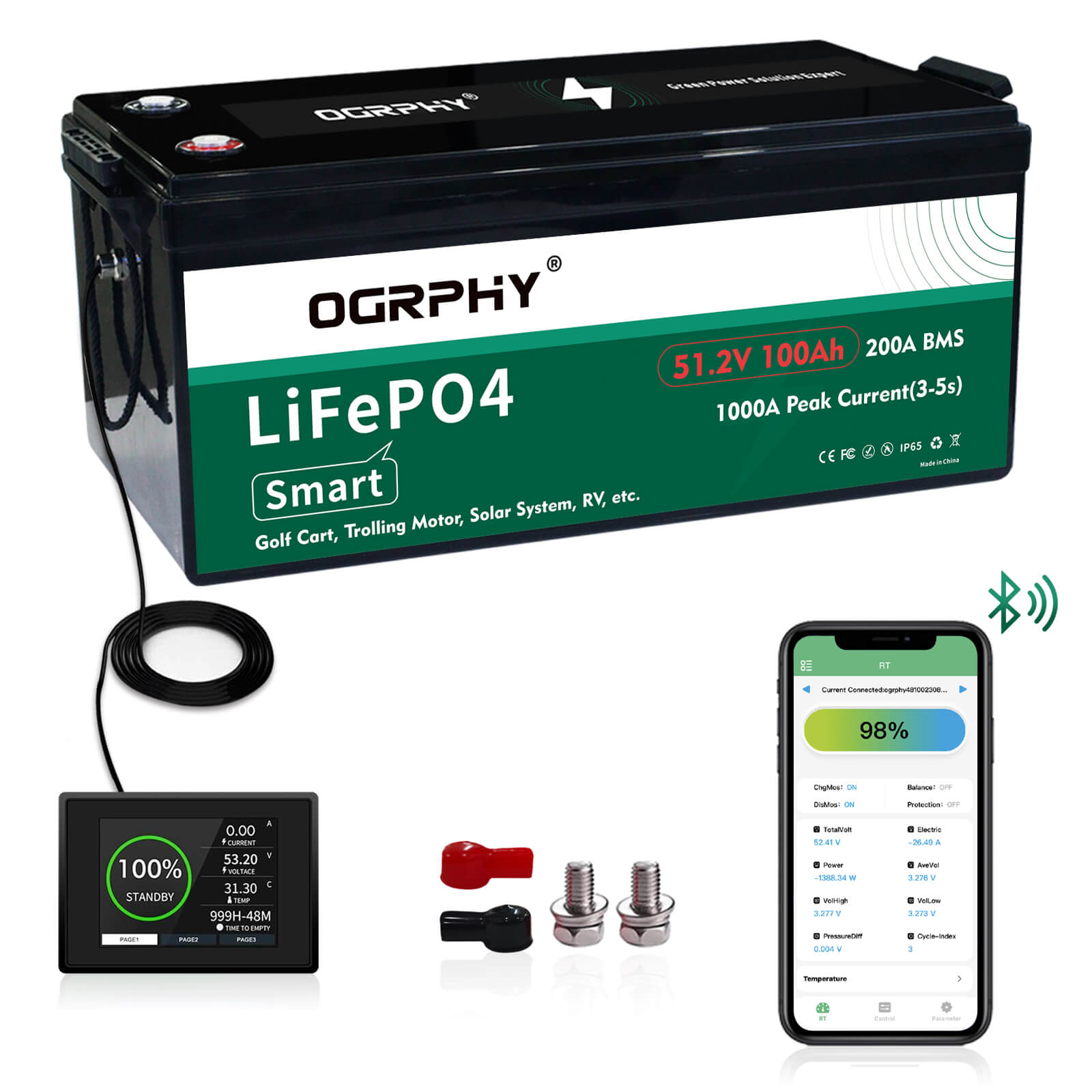 OGRPHY 48V100AH Lithium Golf Cart Battery with 200A BMS and Mobile APP Monitor