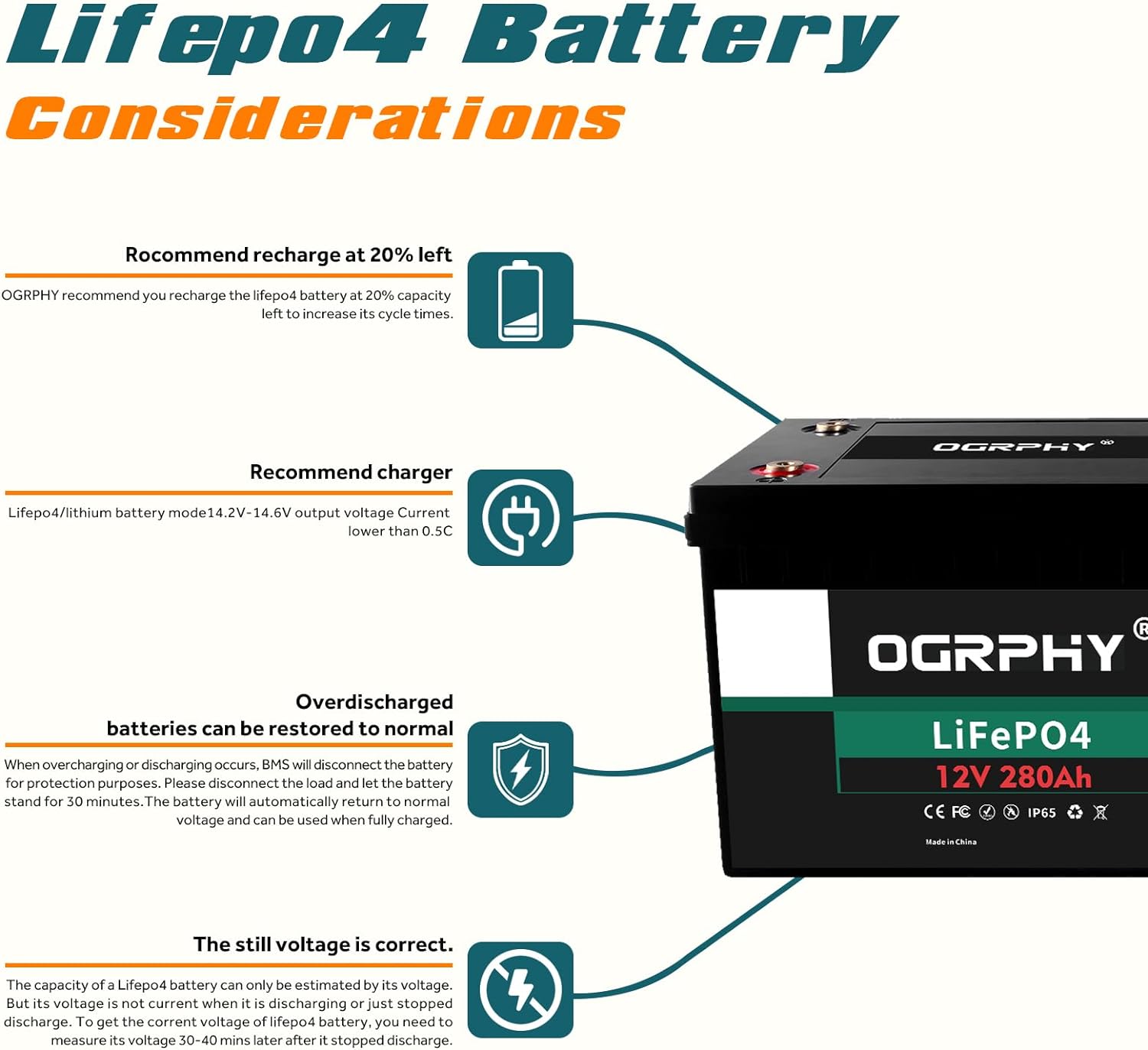 OGRPHY 12V 280Ah LiFePO4 Battery, 3584Wh Grade A Cells Deep Cycle Battery