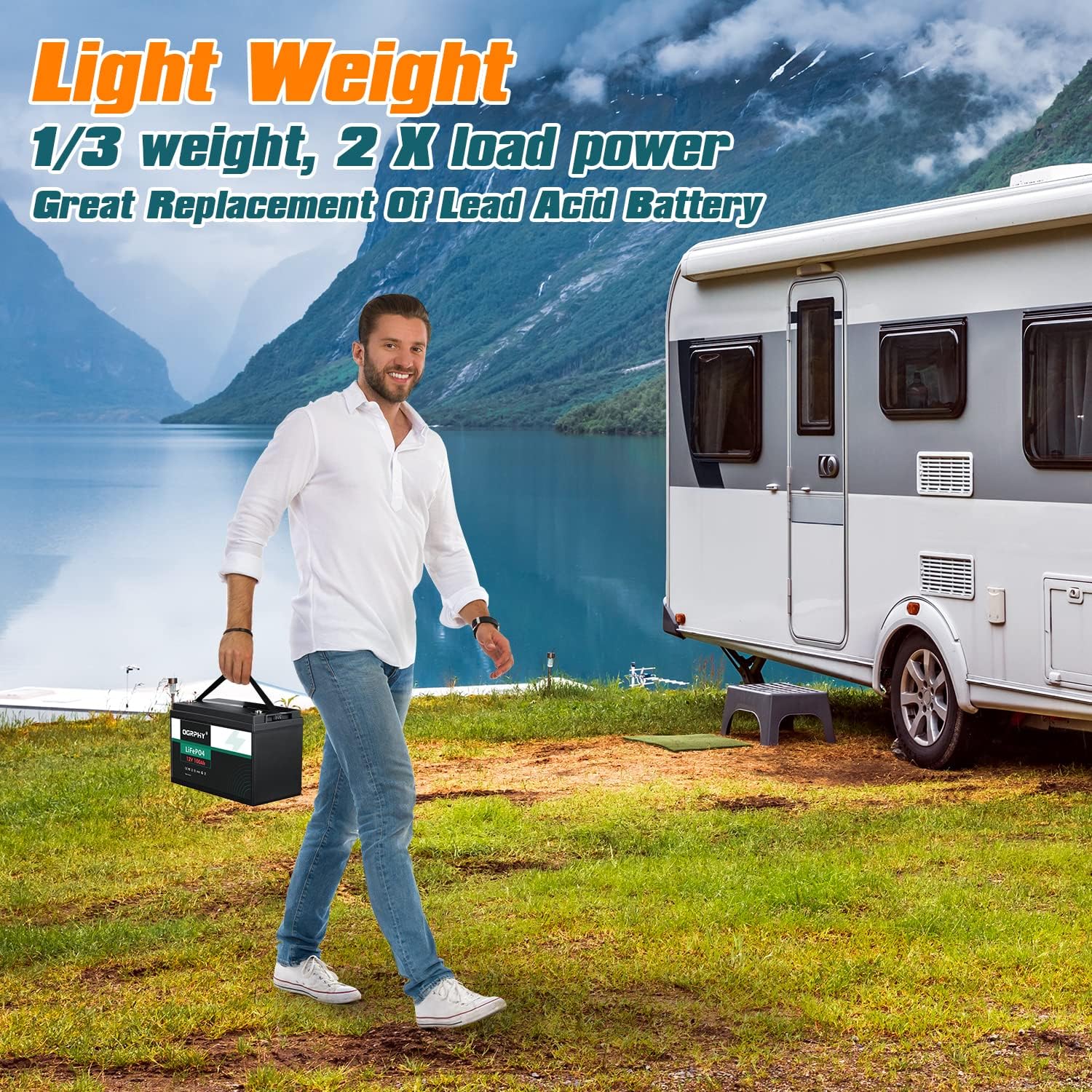 A man easily lifting a OGRPHY 12V 100Ah Deep Cycle LiFePO4 Battery, showing its lightweight design—only one-third the weight of a lead-acid battery and delivering twice the load power.