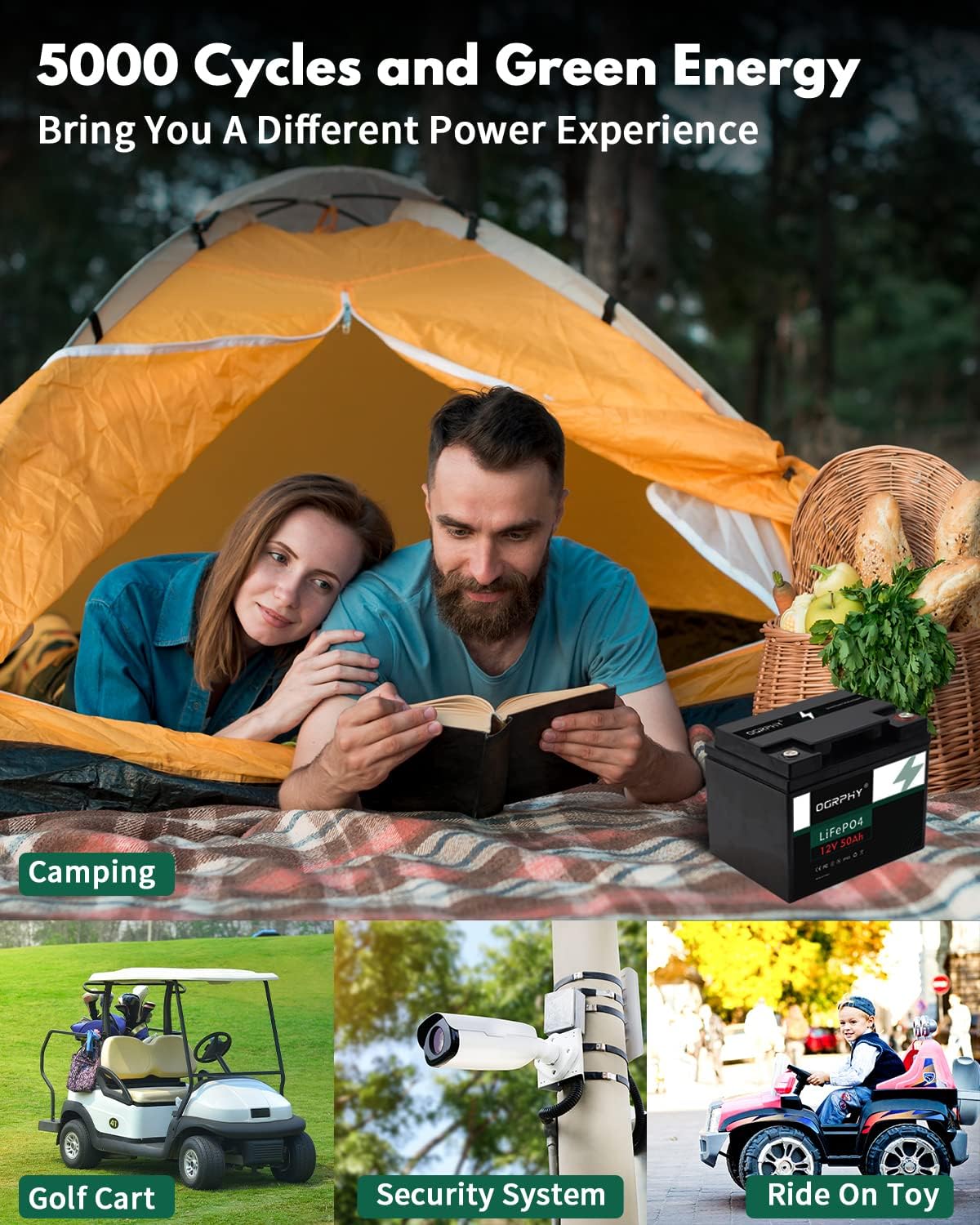 OGRPHY 12V 50Ah LiFePO4 Battery has a cycle life of 5000 times and can be used in golf carts, security systems, and ride-on toys.