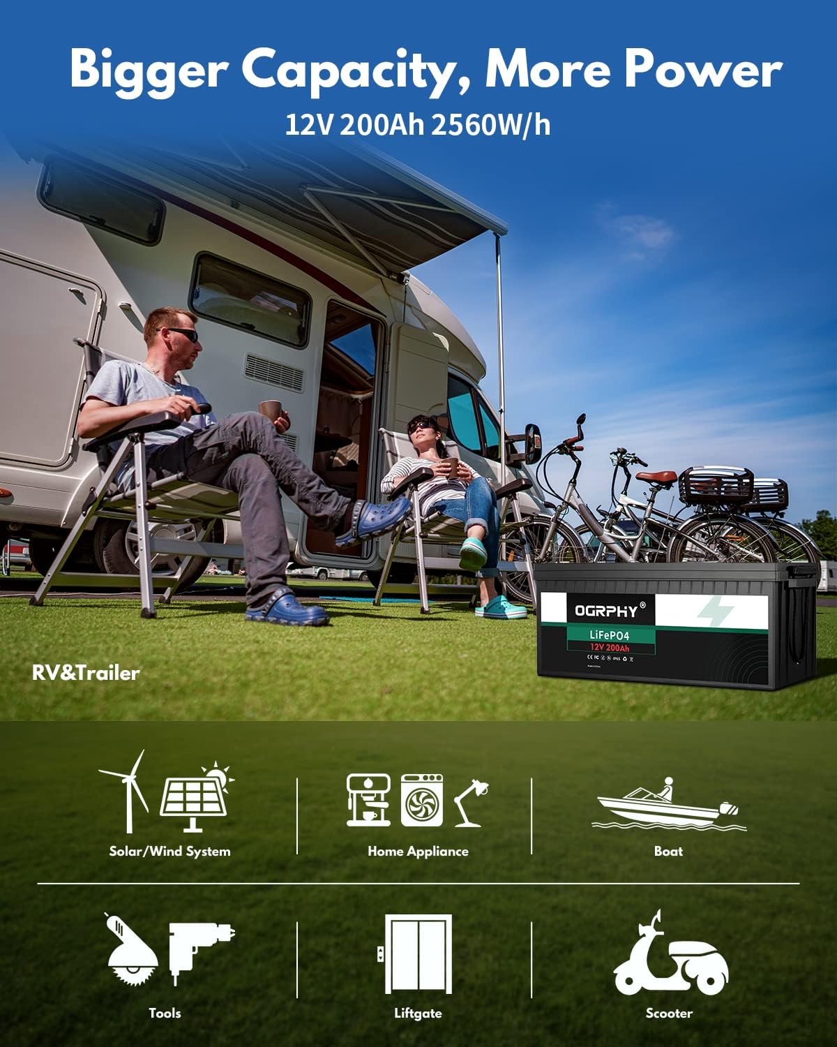 OGRPHY 12V 200Ah LiFePO4 Battery, 2560Wh Grade A Cells Deep Cycle Battery