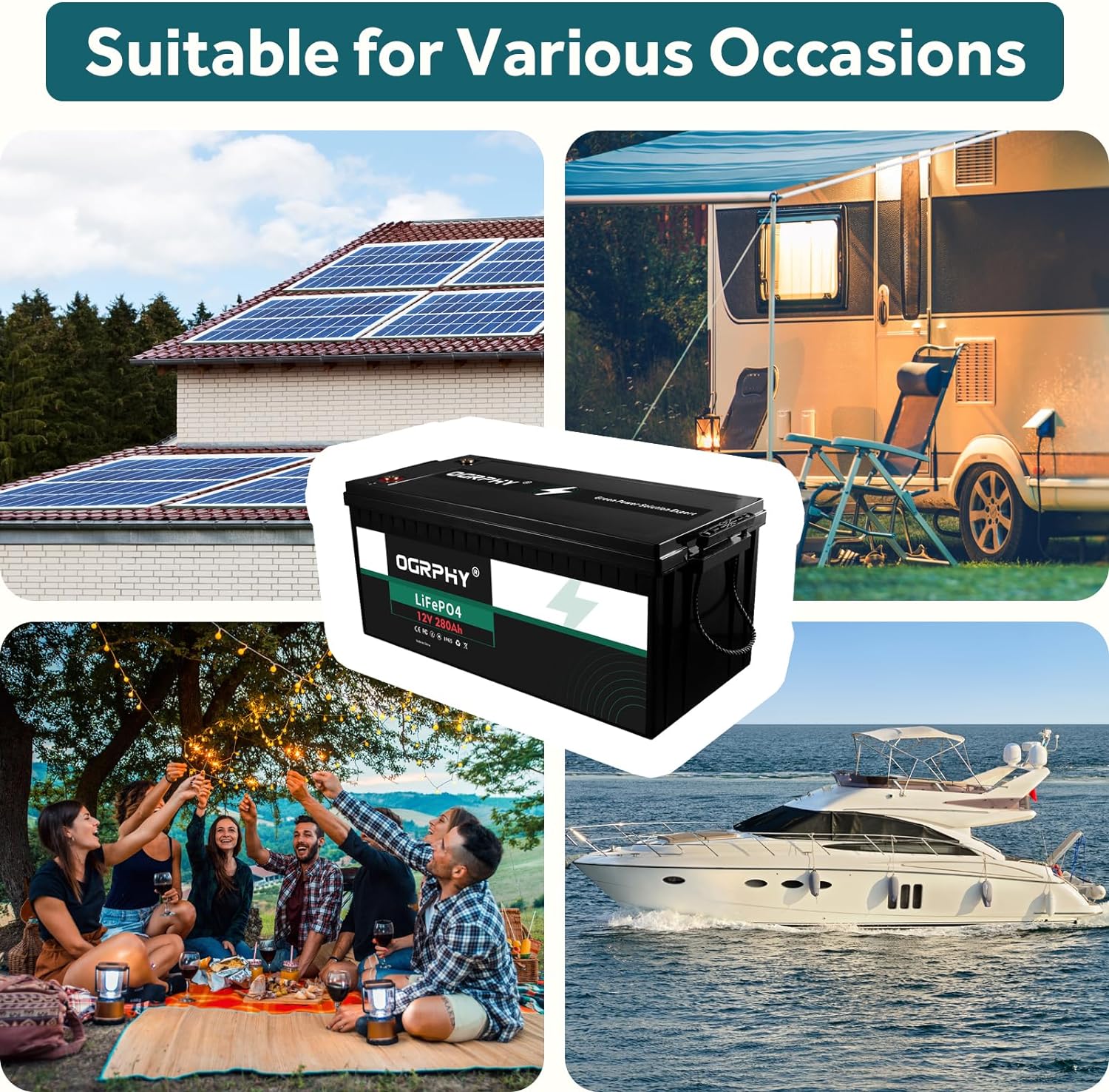 OGRPHY 12V 280Ah LiFePO4 Battery, 3584Wh Grade A Cells Deep Cycle Battery