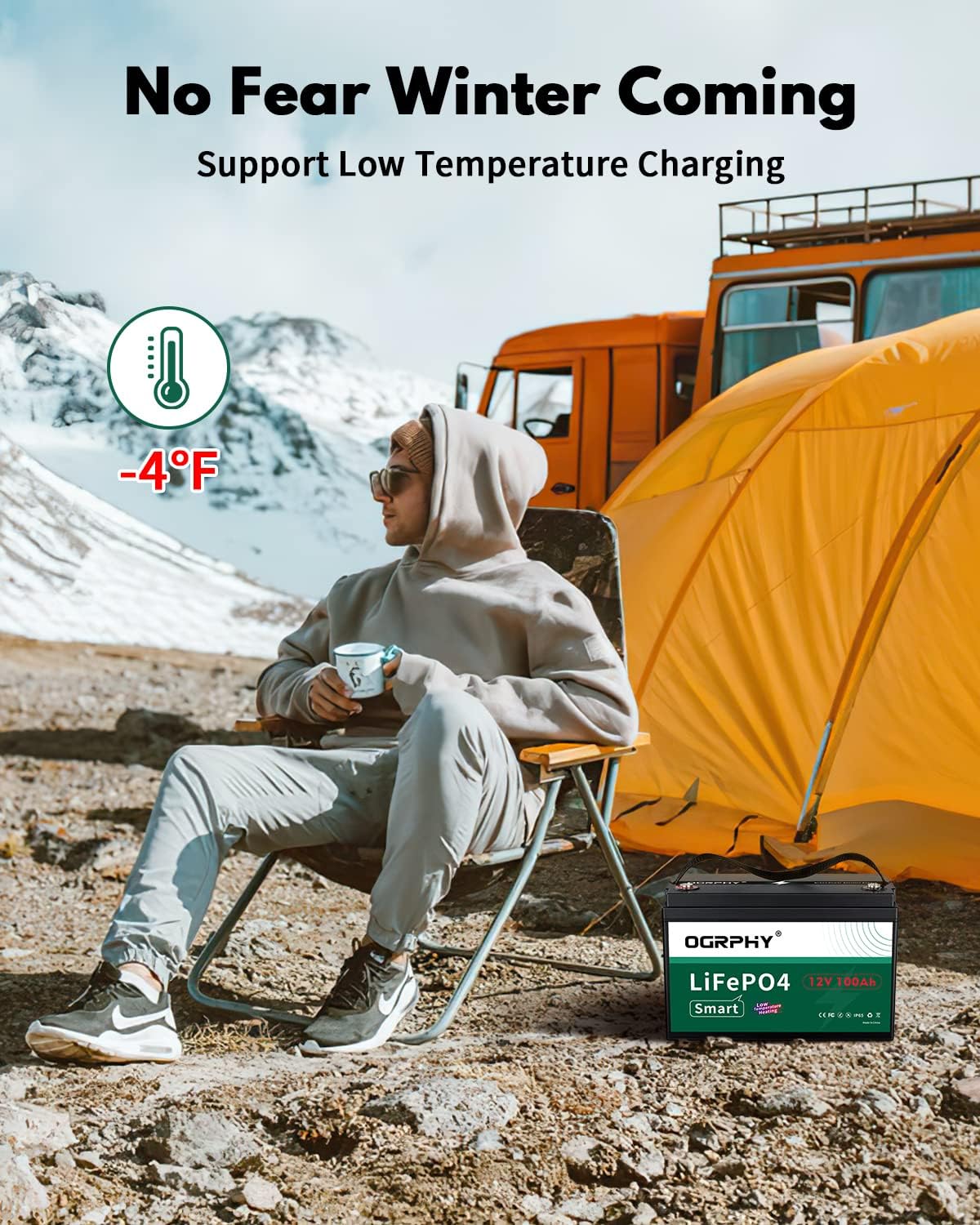 OGRPHY 12V 100Ah LiFePO4 Battery with Bluetooth, Grade A Cells Deep Cycle Lithium Battery with 100A Low Temperature Self Heating BMS