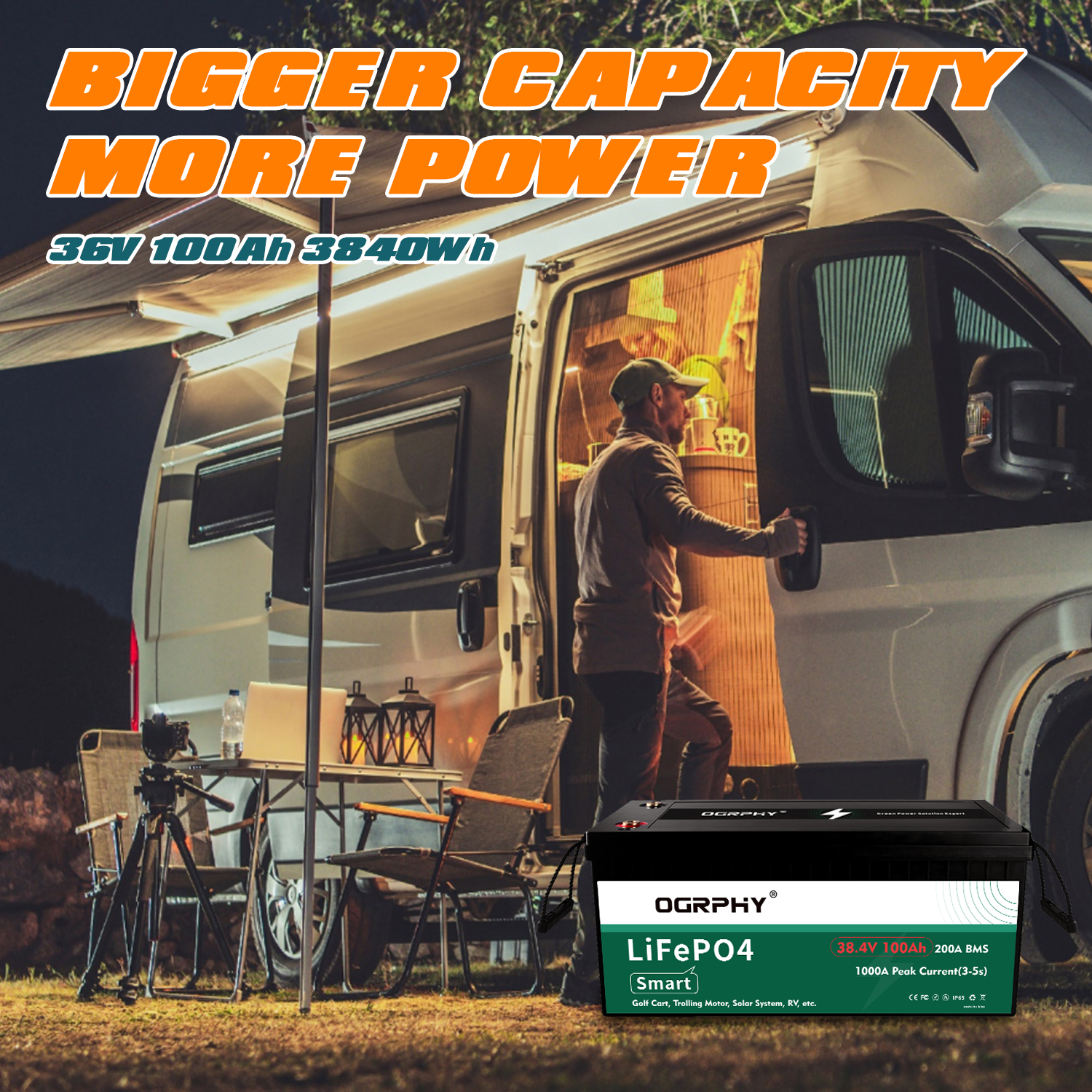 High-capacity OGRPHY 36V 100Ah lithium golf cart battery, 3840Wh energy output for stronger performance and extended driving range.