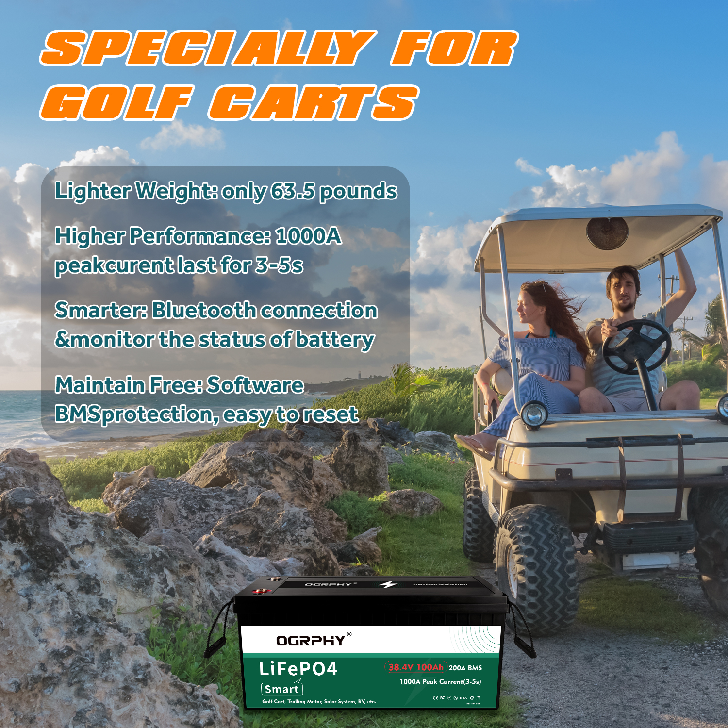 High-performance OGRPHY 36V 100Ah lithium battery for golf carts, featuring 1000A peak discharge, smart Bluetooth monitoring, software BMS protection, and 63.5 lbs lightweight design.