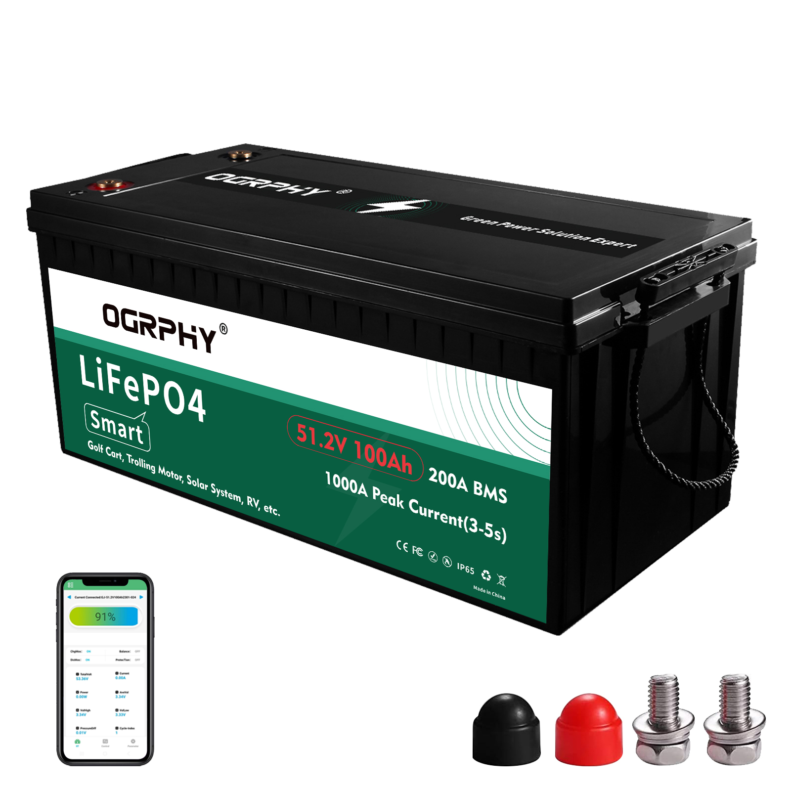 OGRPHY 48V100AH Lithium Golf Cart Battery with 200A BMS and Bluetooth APP Monitor , Configuration M8 Terminal Bolts & Caps.