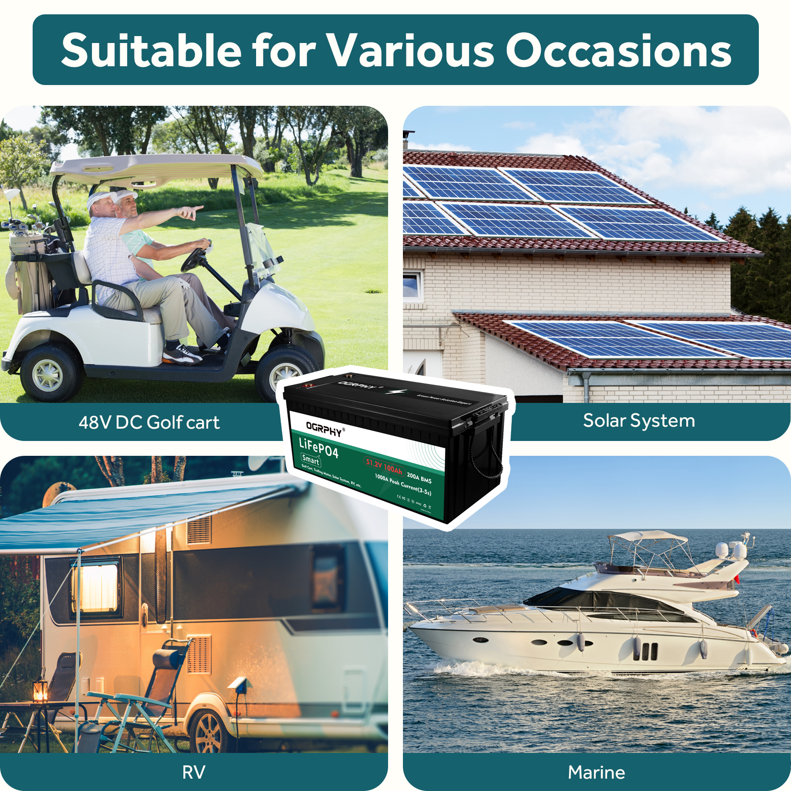 OGRPHY 48V 100Ah lithium golf cart battery suitable for multiple applications — 48V DC golf cart, solar system, RV, and marine use.