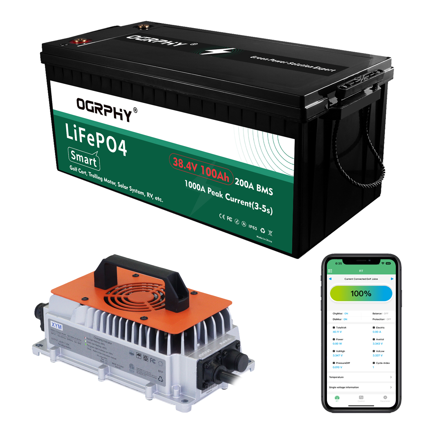 OGRPHY 36V100AH Lithium Golf Cart Battery with Bluetooth APP and 25A Charger