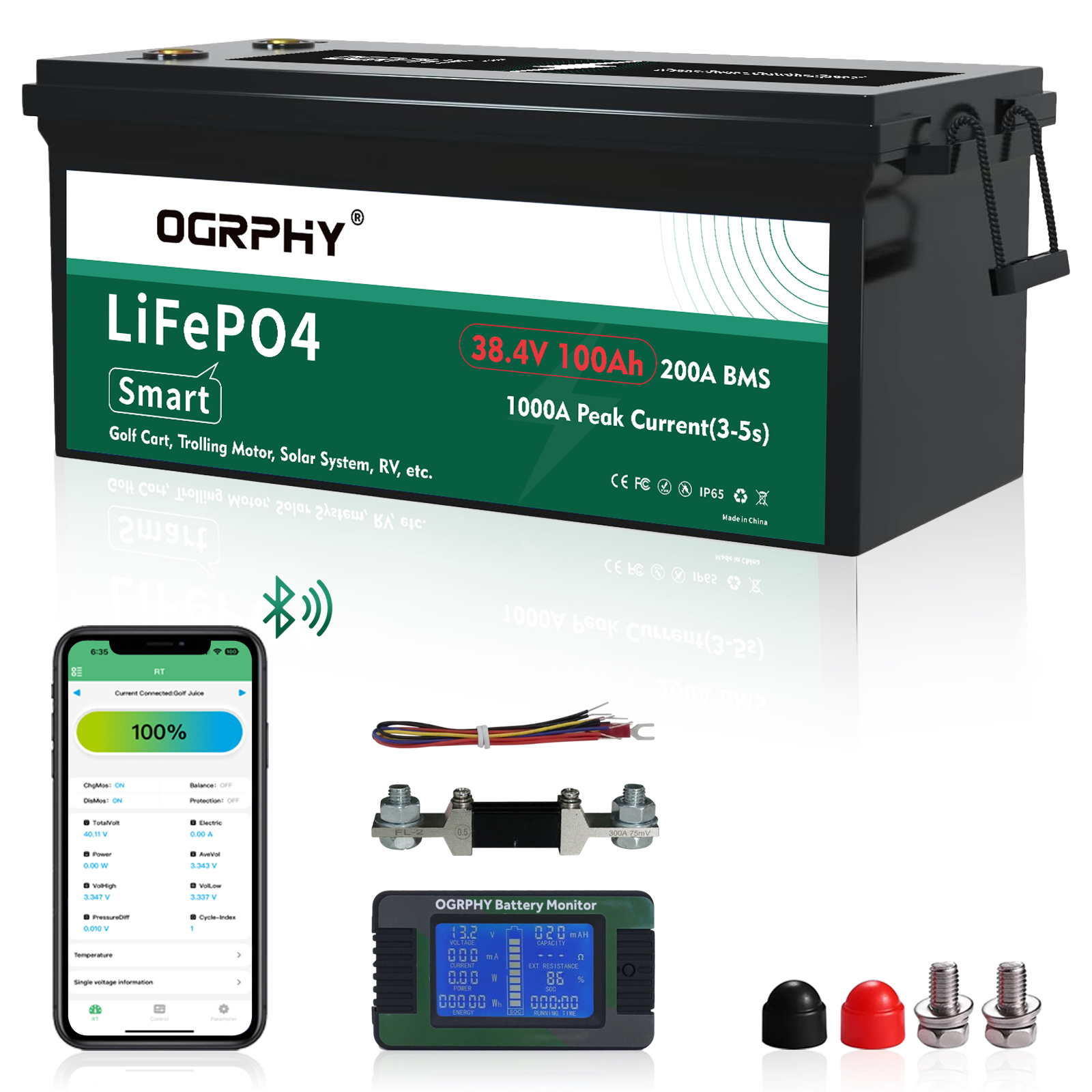 OGRPHY 36V100AH Lithium Golf Cart Battery with Bluetooth APP and Battery Monitor