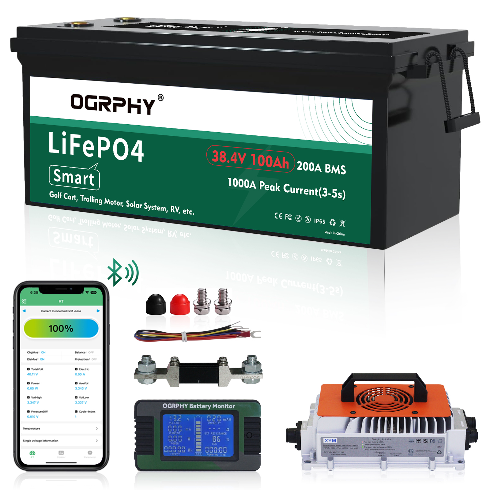 OGRPHY 36V100AH Lithium Golf Cart Battery with Bluetooth APP , 25A Charger and Battery Monitor.