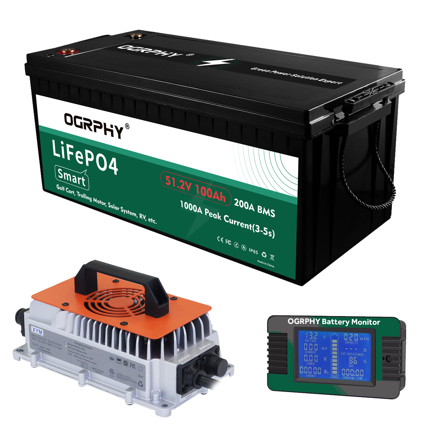 OGRPHY 48V100AH Lithium Golf Cart Battery with 18A  Battery charger and Battery Monitor with Shunt.