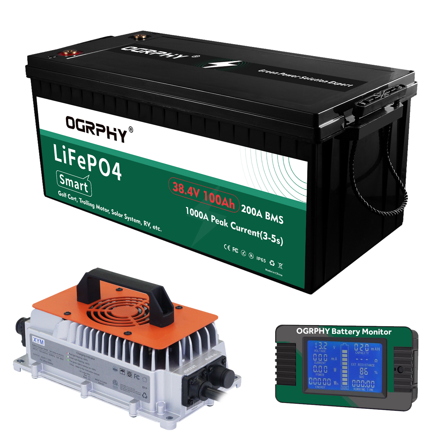 OGRPHY 36V100AH Lithium Golf Cart Battery with Battery Monitor and 25A Charger.
