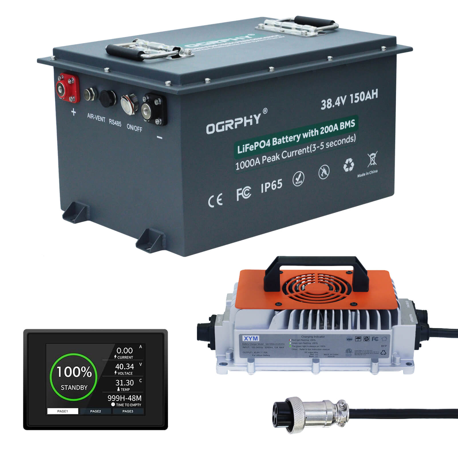 Complete OGRPHY 36V golf cart upgrade kit with high-capacity 150Ah lithium battery, smart charger, and status display screen.